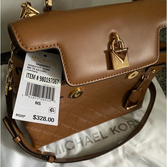 Michael Kors Gramercy Chain Embossed Leather Satchel Acorn Gold Bag - Picture 9 of 12